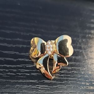Gold Bow Pearl Accent Brooch Pin - Women Jewelry